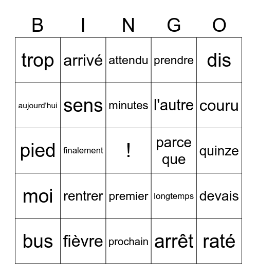 French Words Bingo Card