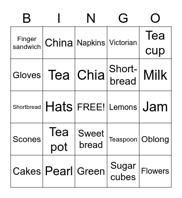 Tea party Bingo Card