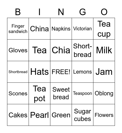 Tea party Bingo Card