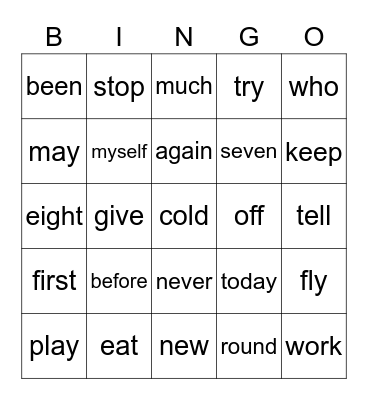 Sight Words Bingo Card