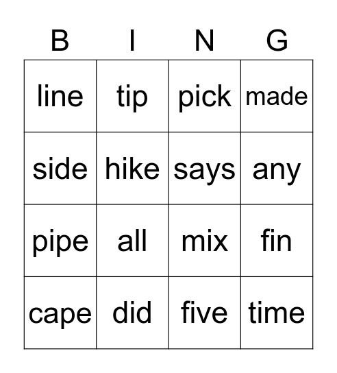 Sight Words Bingo Card