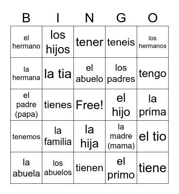 Spanish Words Bingo Card