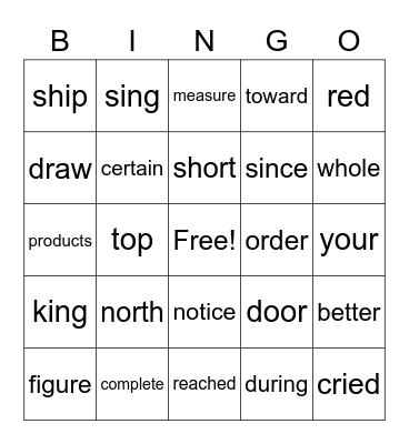 Vocabulary Bingo Card