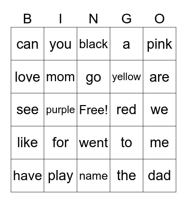 Sight Words Bingo Card