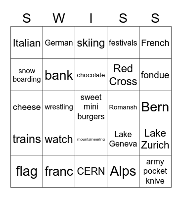 Switzerland Bingo Card