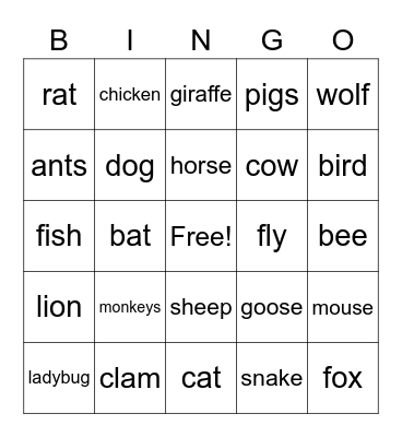 Animal Bingo Card