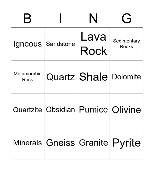 Investigating Rocks Bingo Card