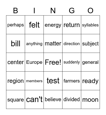 Vocabulary Bingo Card