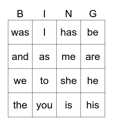 Sight Words Bingo Card