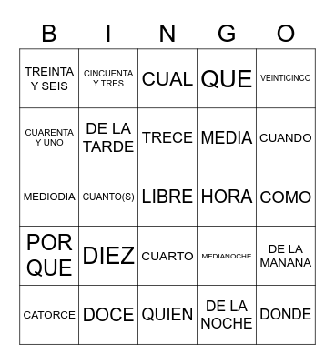 Spanish Bingo Card
