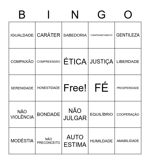 Portuguese Words Bingo Card