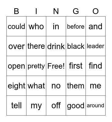 Sight Words Bingo Card