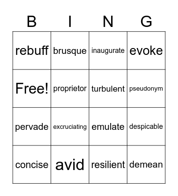 Vocabulary Bingo Card