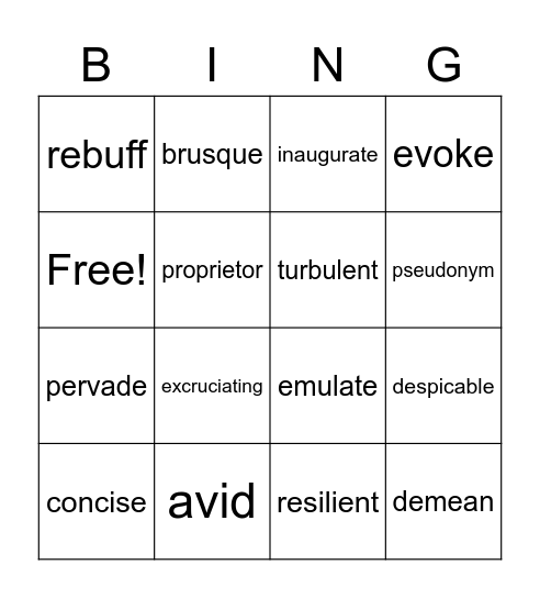 Vocabulary Bingo Card