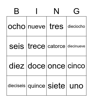 Spanish Numbers Bingo Card