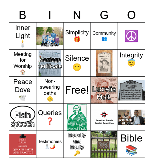 Friendly (Quaker) Bingo Card
