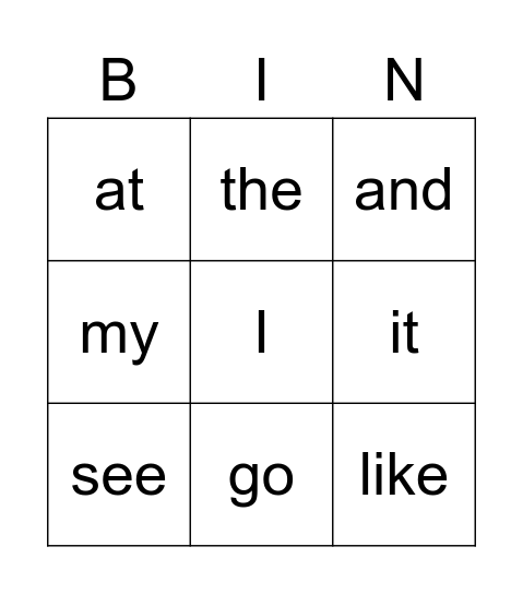 Sight Words Bingo Card