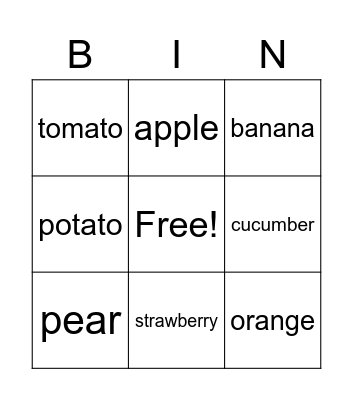 Fruit and Vegetables Bingo Card