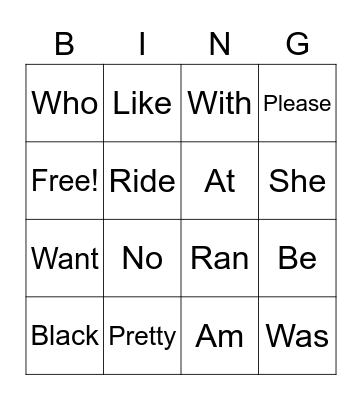 Sight Words Bingo Card