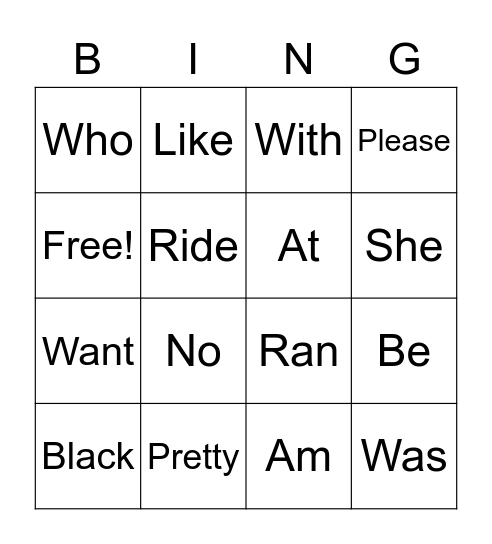 Sight Words Bingo Card