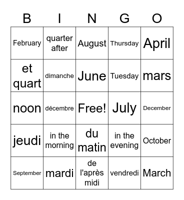 Calendar Bingo Card