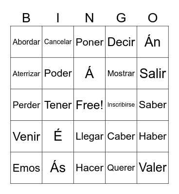 Spanish Words Bingo Card