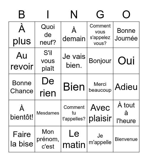 Les Salutations Bingo Card