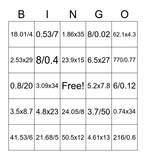 Multiplication & Division Bingo!! Bingo Card