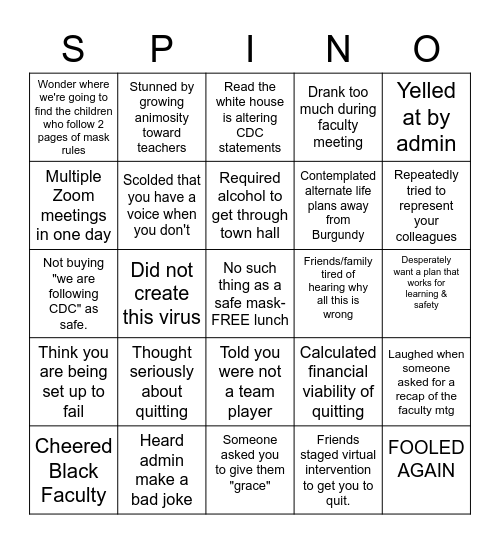 Tell Me It Ain't So Bingo Card