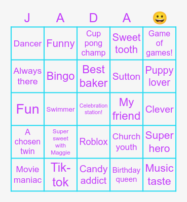 Jada's Birthday Bingo Card