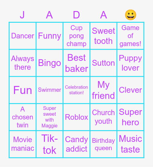 Jada's Birthday Bingo Card