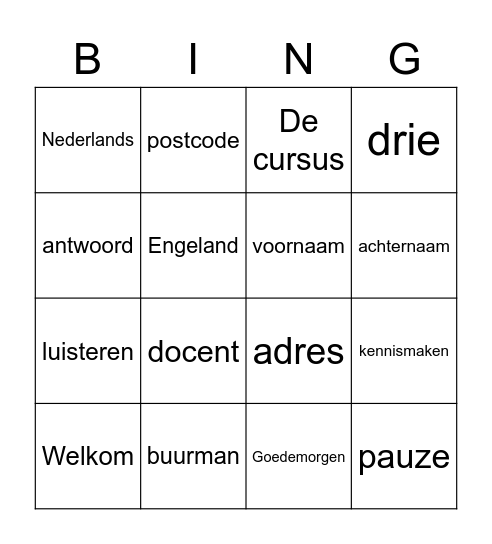 Hoofdstuk 1 - dialoog Bingo Card