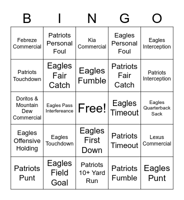2018 Super Bowl Bingo Card