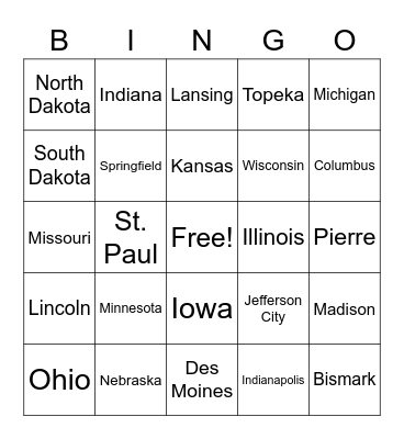 North Central and Plains States Bingo Card
