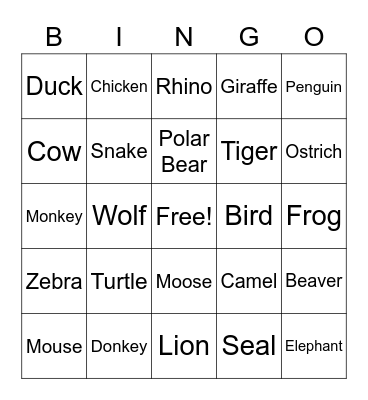 Animal Bingo Card