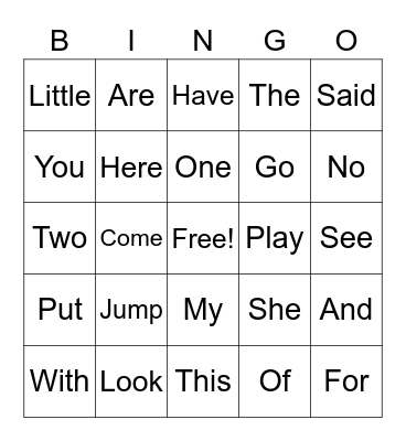 Sight Words Bingo Card