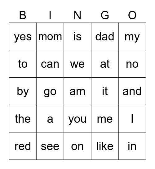 Sight Words Bingo Card