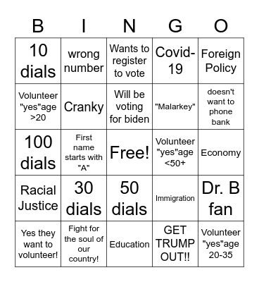 Biden Calltime Bingo Card