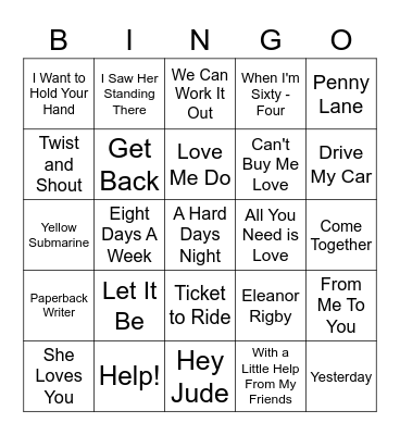 Beatles Songs Bingo Card