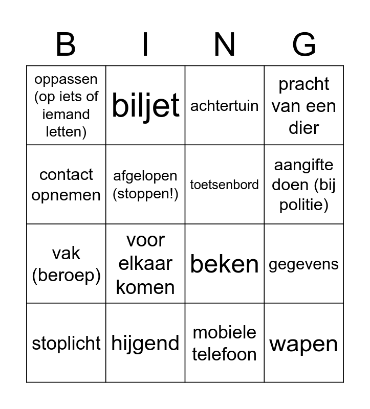 Dutch Bingo Card