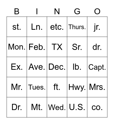 Abbreviations Bingo Card