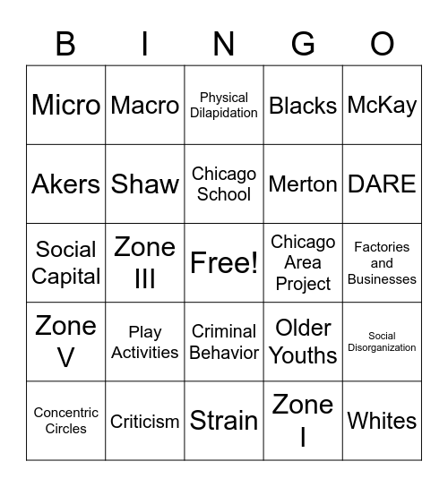 Social Disorganization Bingo Card