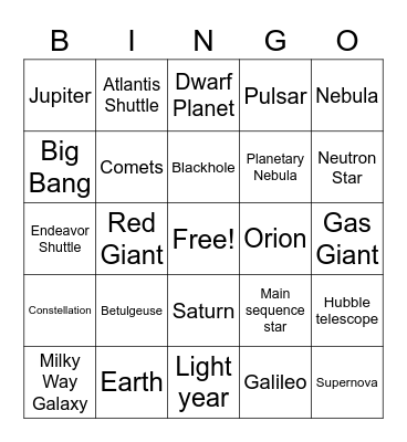 Solar System Bingo Card