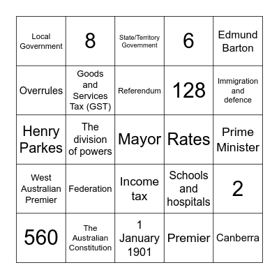 Civics and Citizenship  Bingo Card