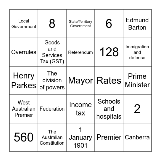 Civics and Citizenship  Bingo Card