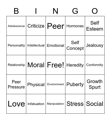 Personal Connections Unit Vocbulary, Personal Connections Unit Vocabulary Bingo Card