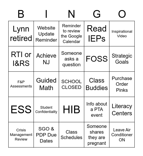 Welcome Back Staff Bingo! Bingo Card