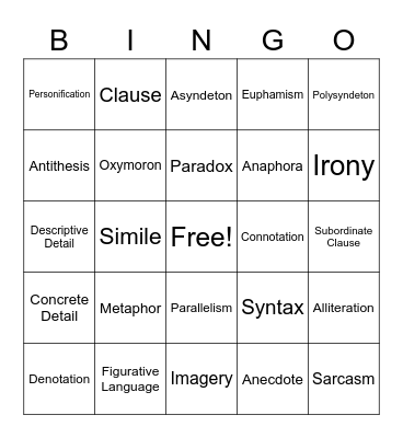 Language and Composition Bingo Card