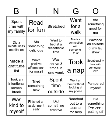 Online School Self Care Bingo Card