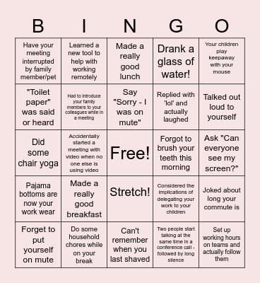 Remote Work Bingo Card